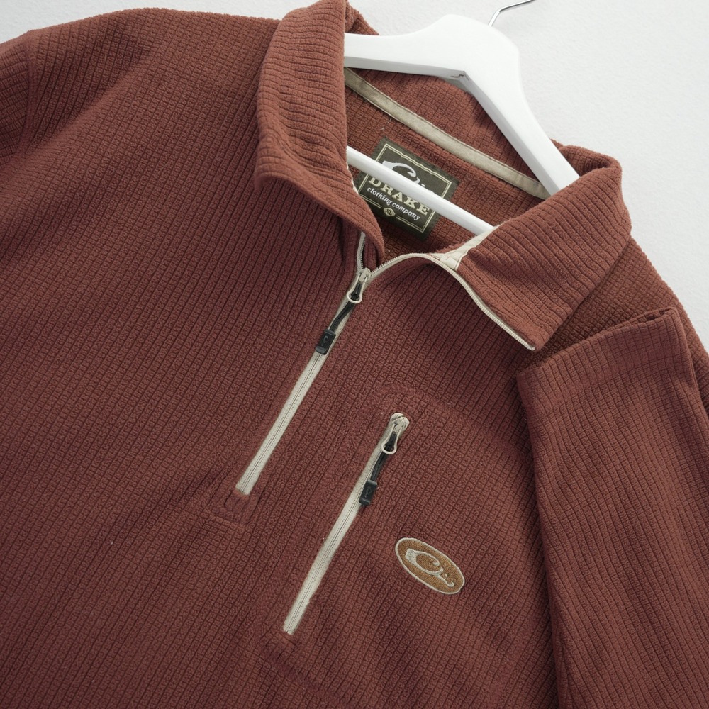 Drake Waterfowl Men XL Rust Brown Waffle Grid Fleece Quarter Zip Pullover Jacket